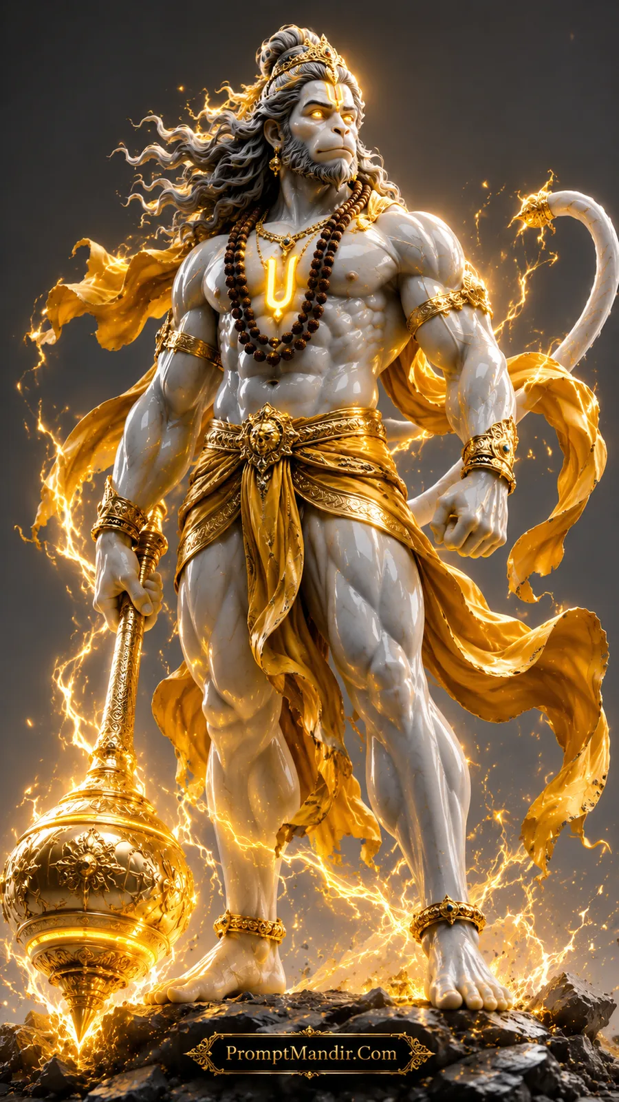 Lord Hanuman holding ornate golden gada with radiant celestial golden spiritual aura