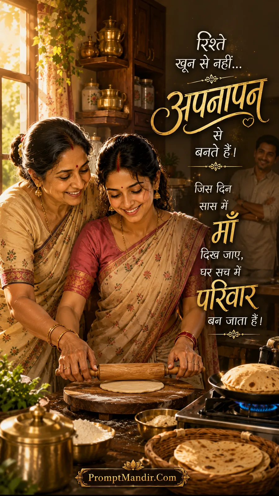 Emotional scene of a mother-in-law and daughter-in-law making rotis together in a sunny kitchen, sharing a warm laugh