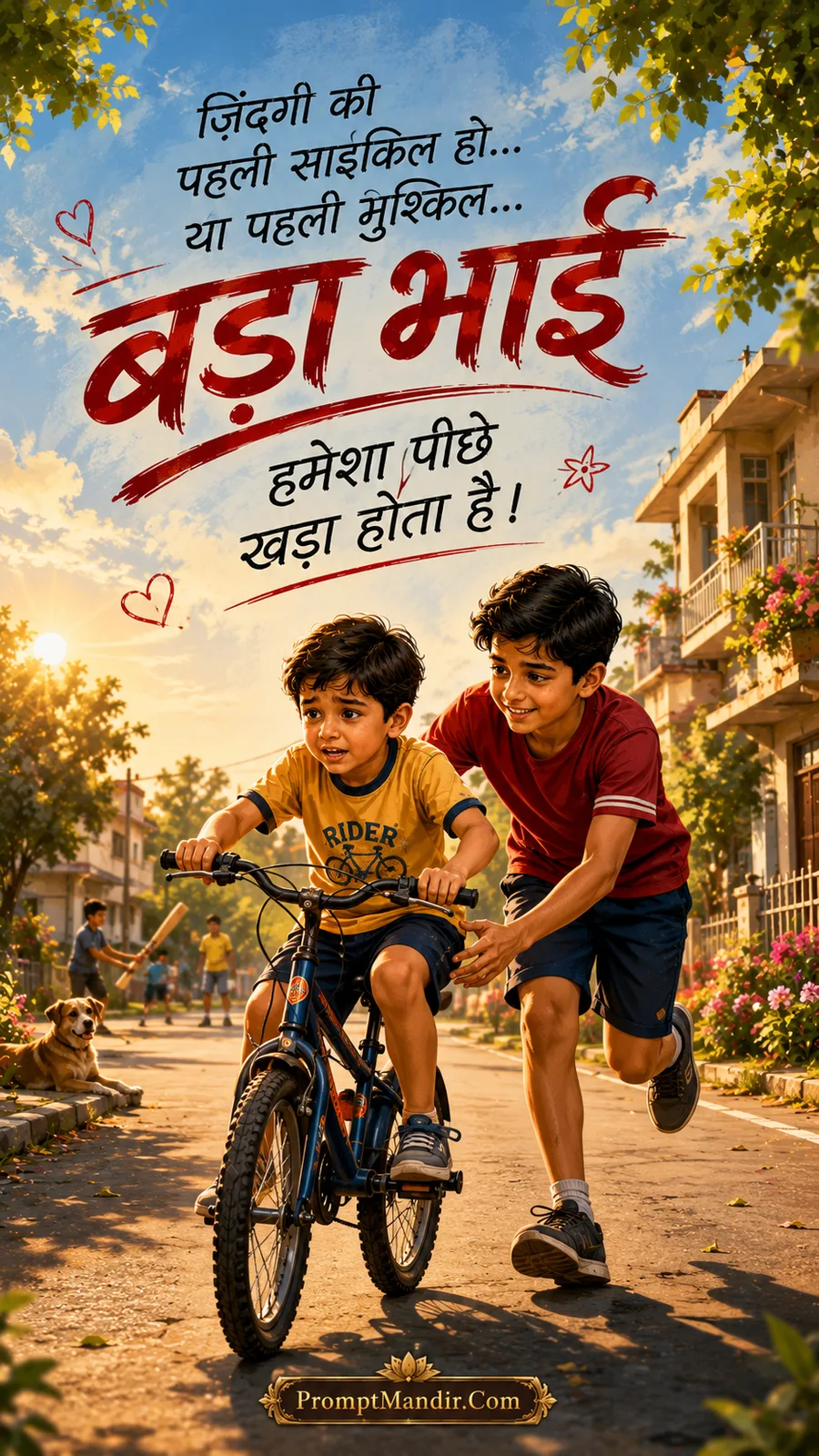 Emotional scene of an elder brother teaching his younger brother how to ride a bicycle on a sunny street