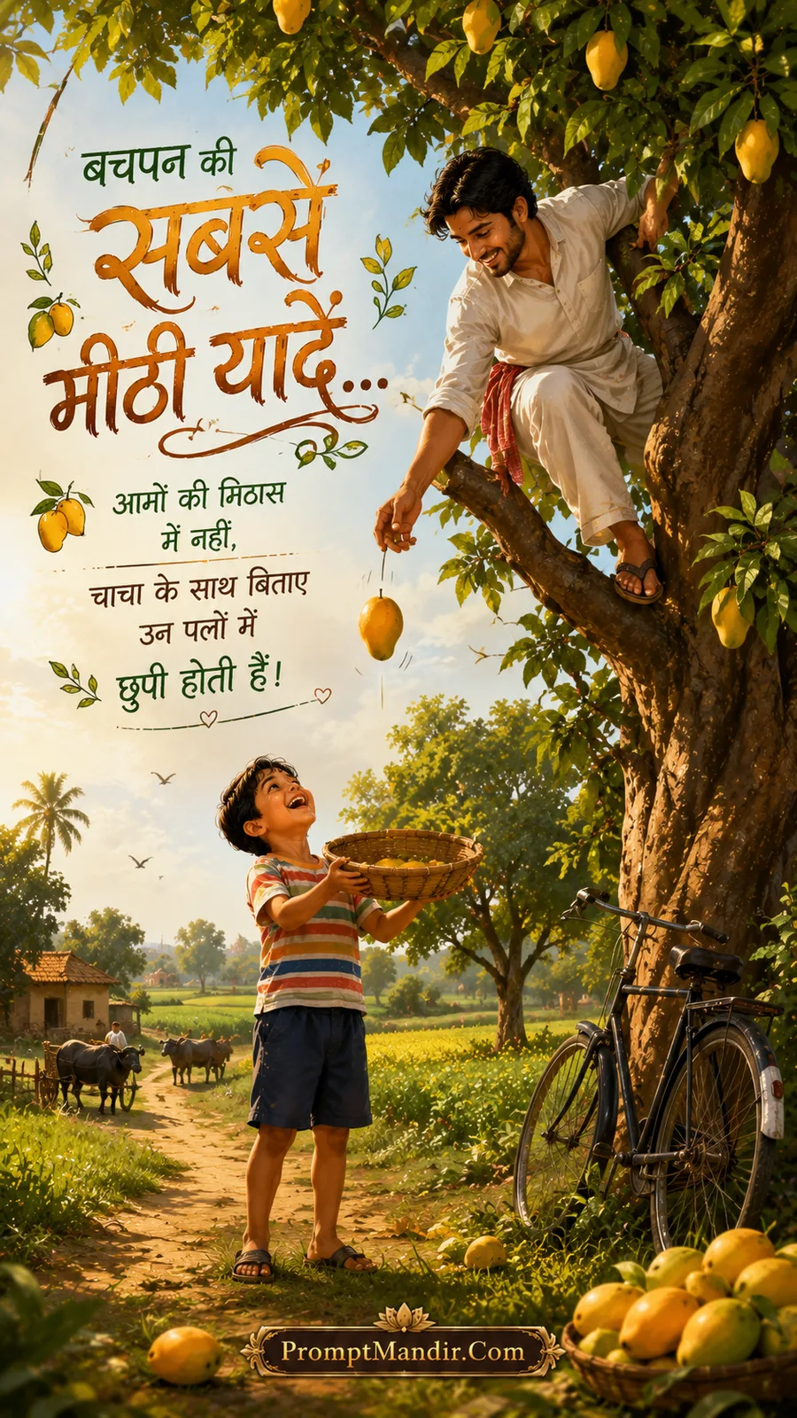 Emotional scene of a young boy catching mangoes dropped by a man from a large tree in a village