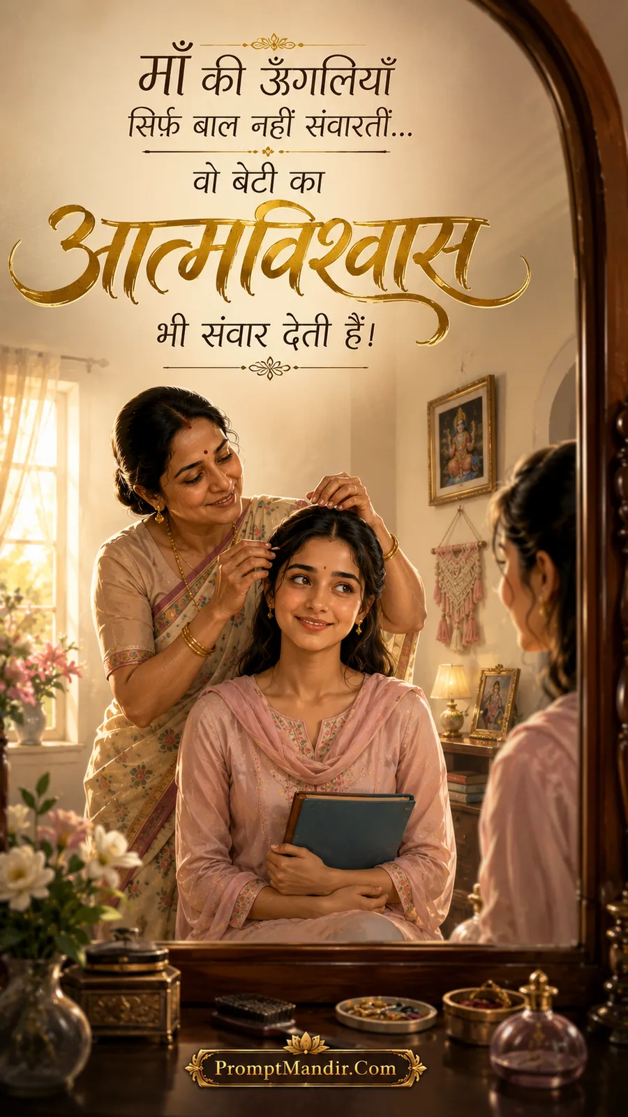 Emotional scene of a mother lovingly combing her daughter's hair in front of a mirror