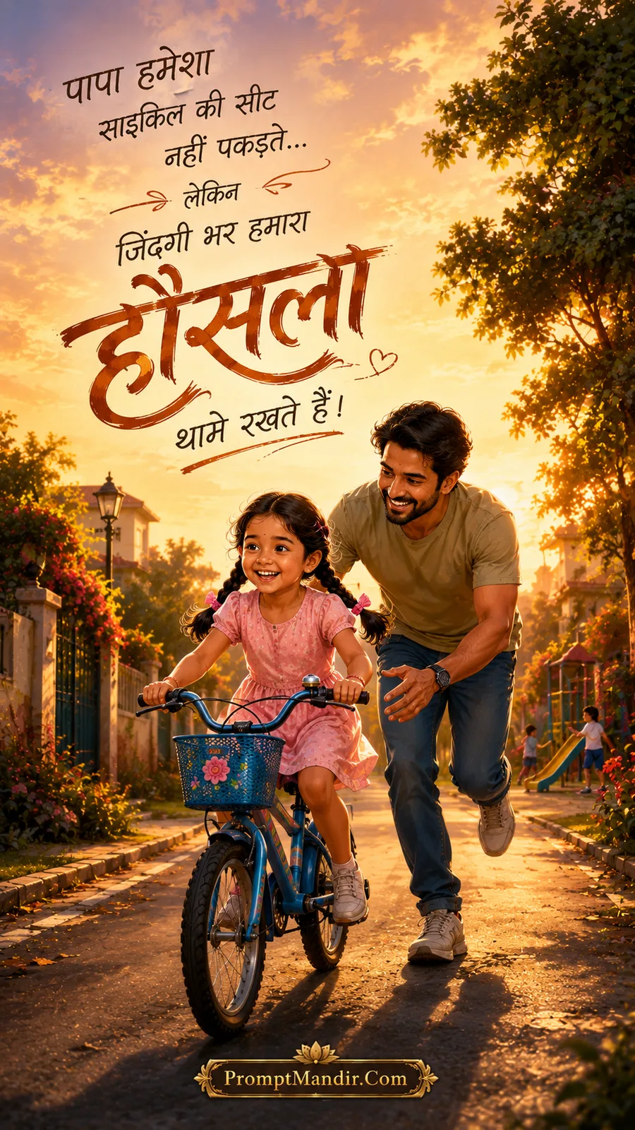 Emotional scene of a father running behind his young daughter's bicycle, supporting her as she learns to ride