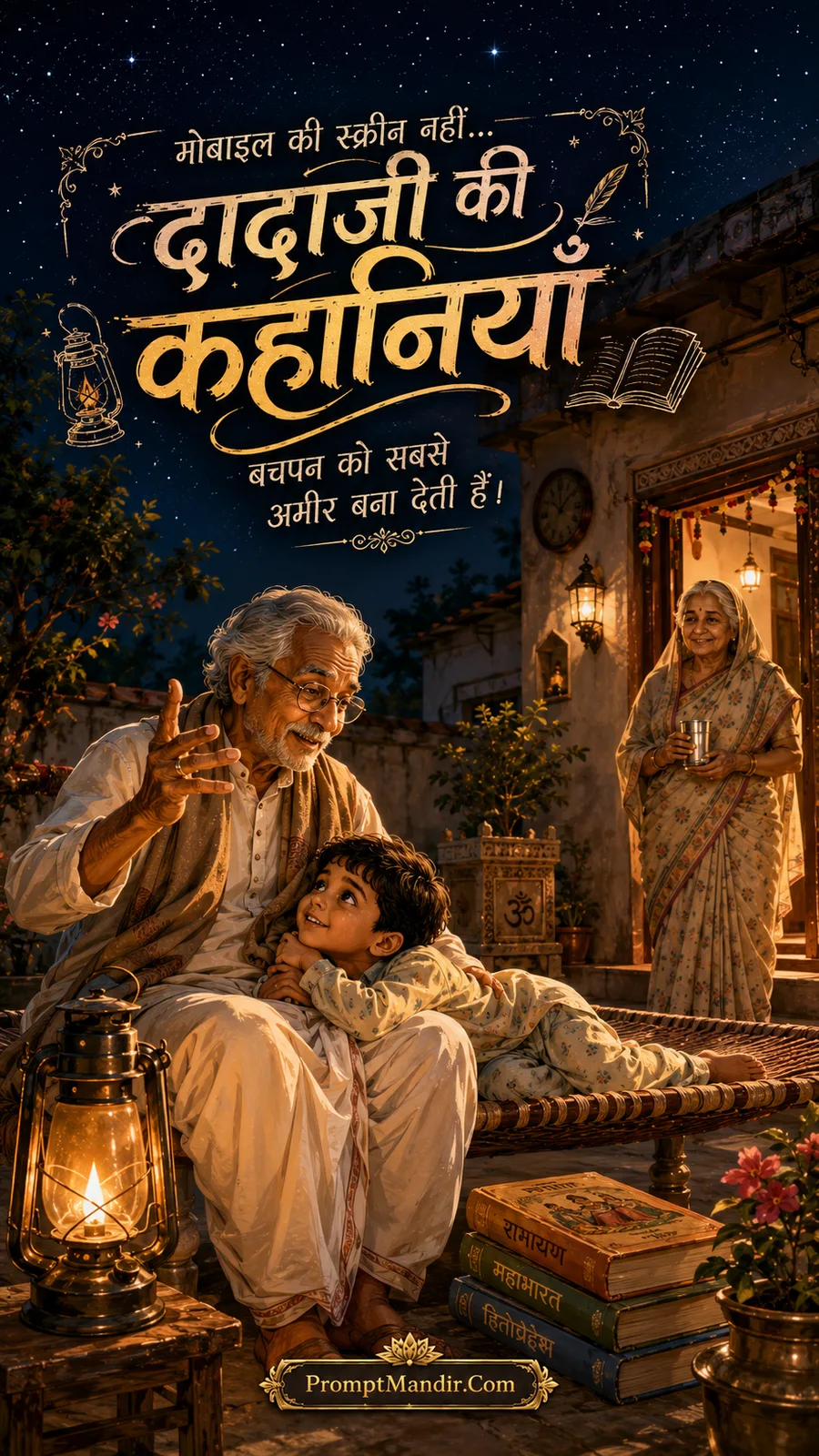 Emotional scene of a grandfather telling stories to his grandson at night by the light of a lantern, with a stack of holy books nearby