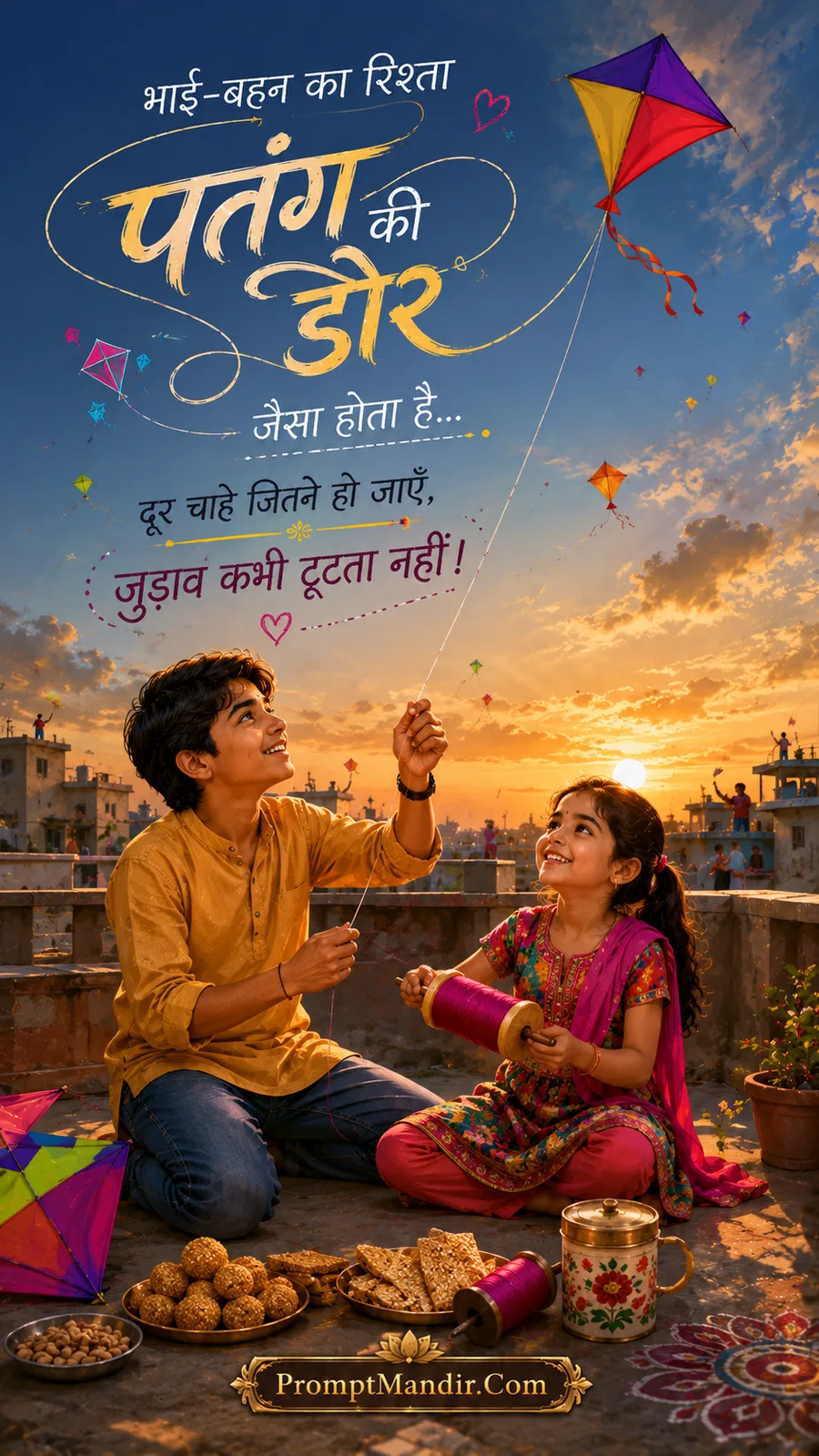 Emotional scene of a brother and sister flying a kite together on a rooftop at sunset