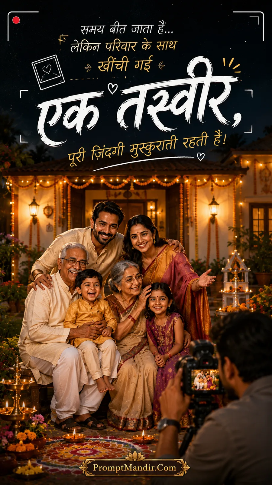 Emotional scene of a photographer capturing a family portrait of three generations at night, with house decorated with lights and rangoli