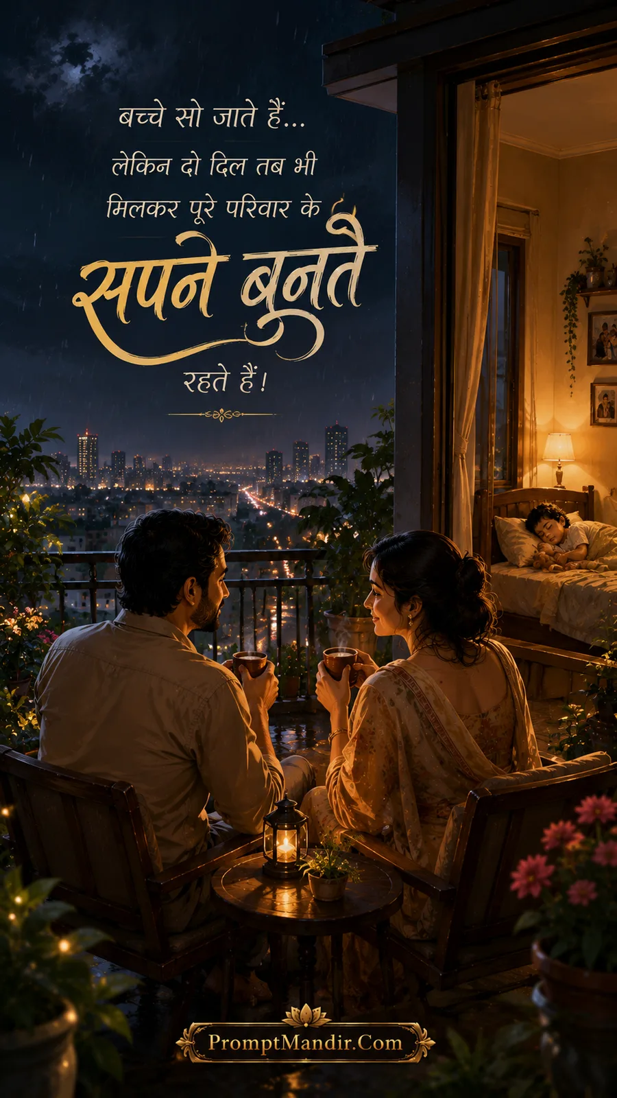 Emotional scene of a couple sitting on a balcony at night, sipping tea and dreaming about their family's future, while their child sleeps inside