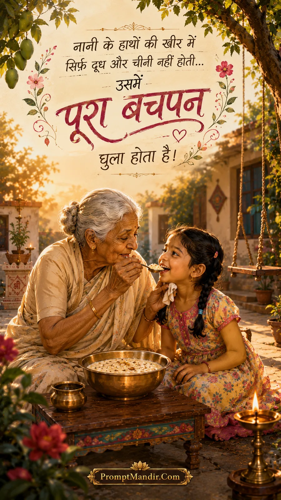 Emotional scene of a grandmother feeding kheer to her granddaughter in a sunny courtyard, with a swing in the background