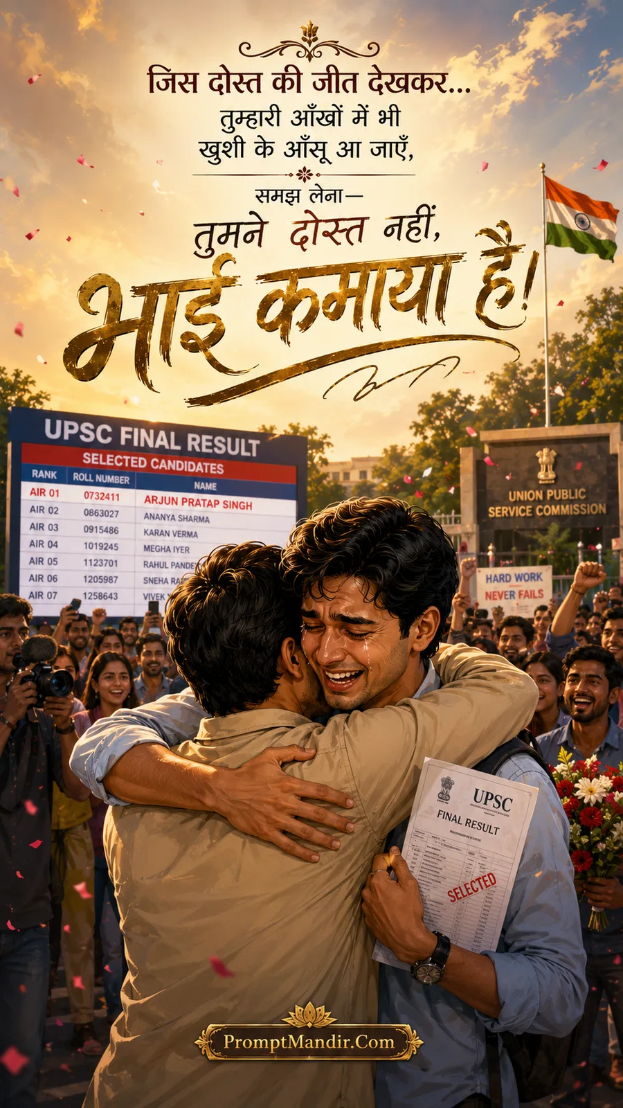 Two friends crying tears of joy and hugging each other after one of them clears the UPSC exam with an AIR rank, celebrating success
