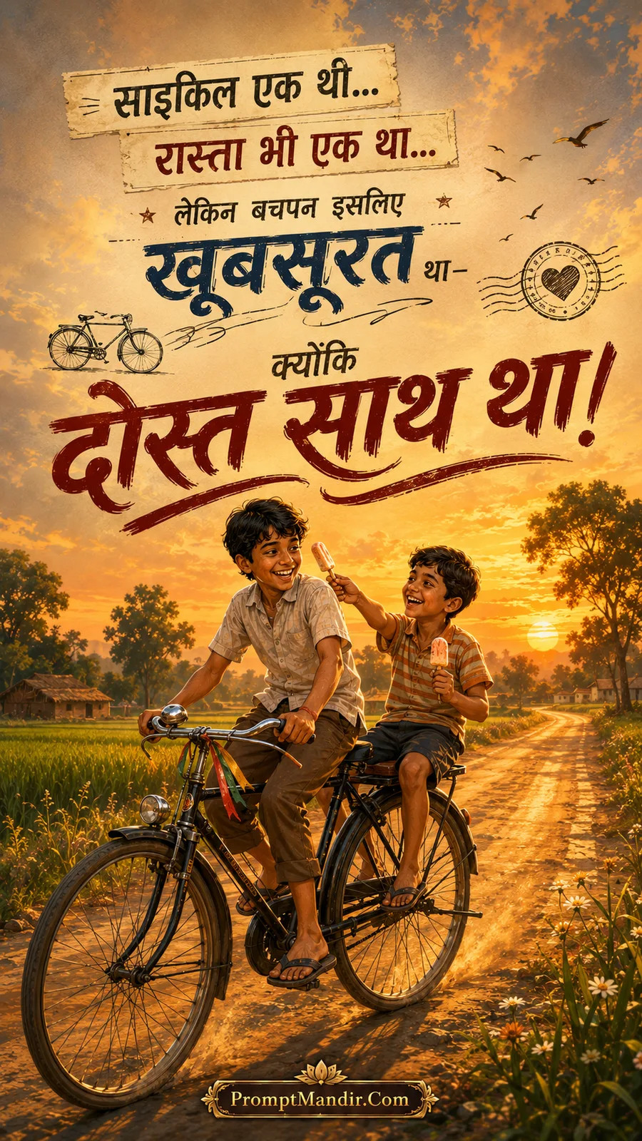 Two young boys riding a vintage bicycle together on a country road at golden hour, enjoying ice cream and childhood freedom