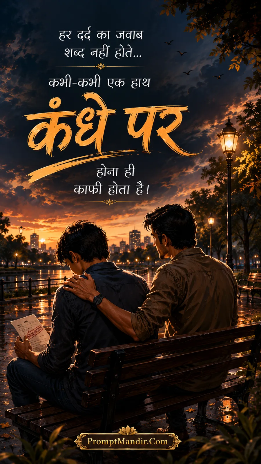 A friend comforting his distressed friend with a hand on his shoulder while sitting on a bench by a lake at sunset