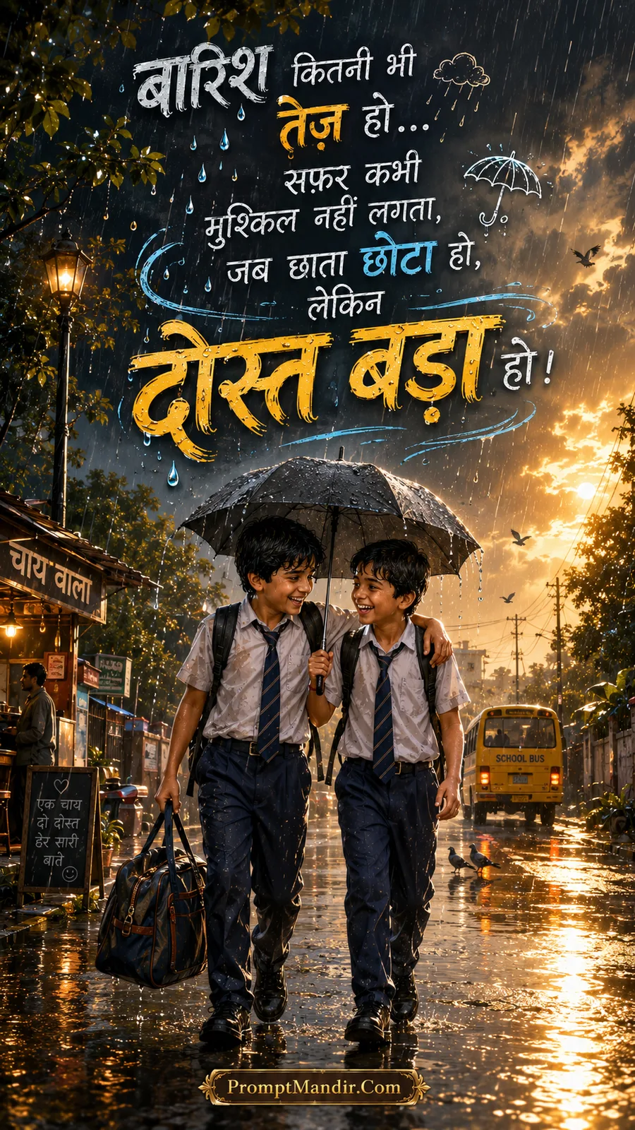Two school boys walking home together in heavy rain, sharing a small umbrella while laughing and carrying school bags