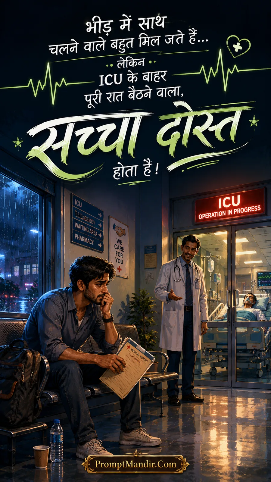 A true friend anxiously waiting outside the ICU at night, holding medical reports, while a doctor looks on
