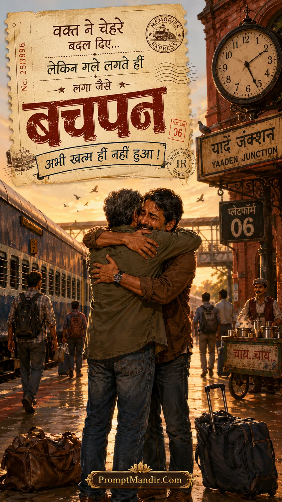 Two adult friends hugging tightly at a railway station platform, reconnecting after years, with a vintage clock and memories theme