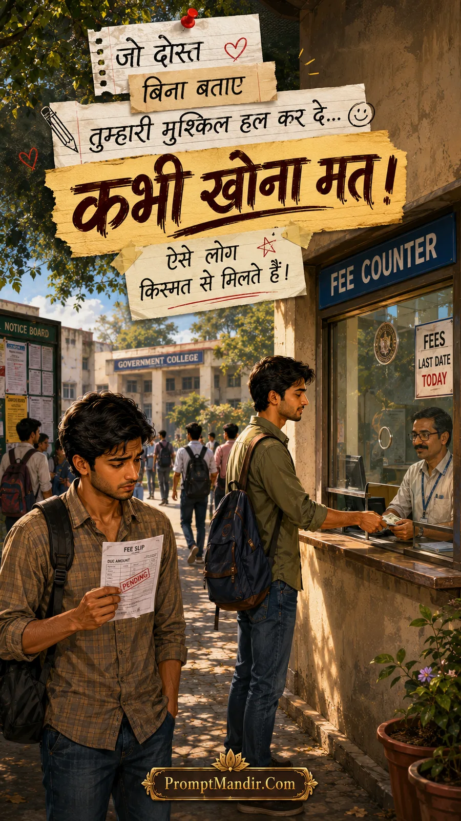 A college student secretly paying the fee of his friend at the counter while the friend looks at a pending fee slip with sadness