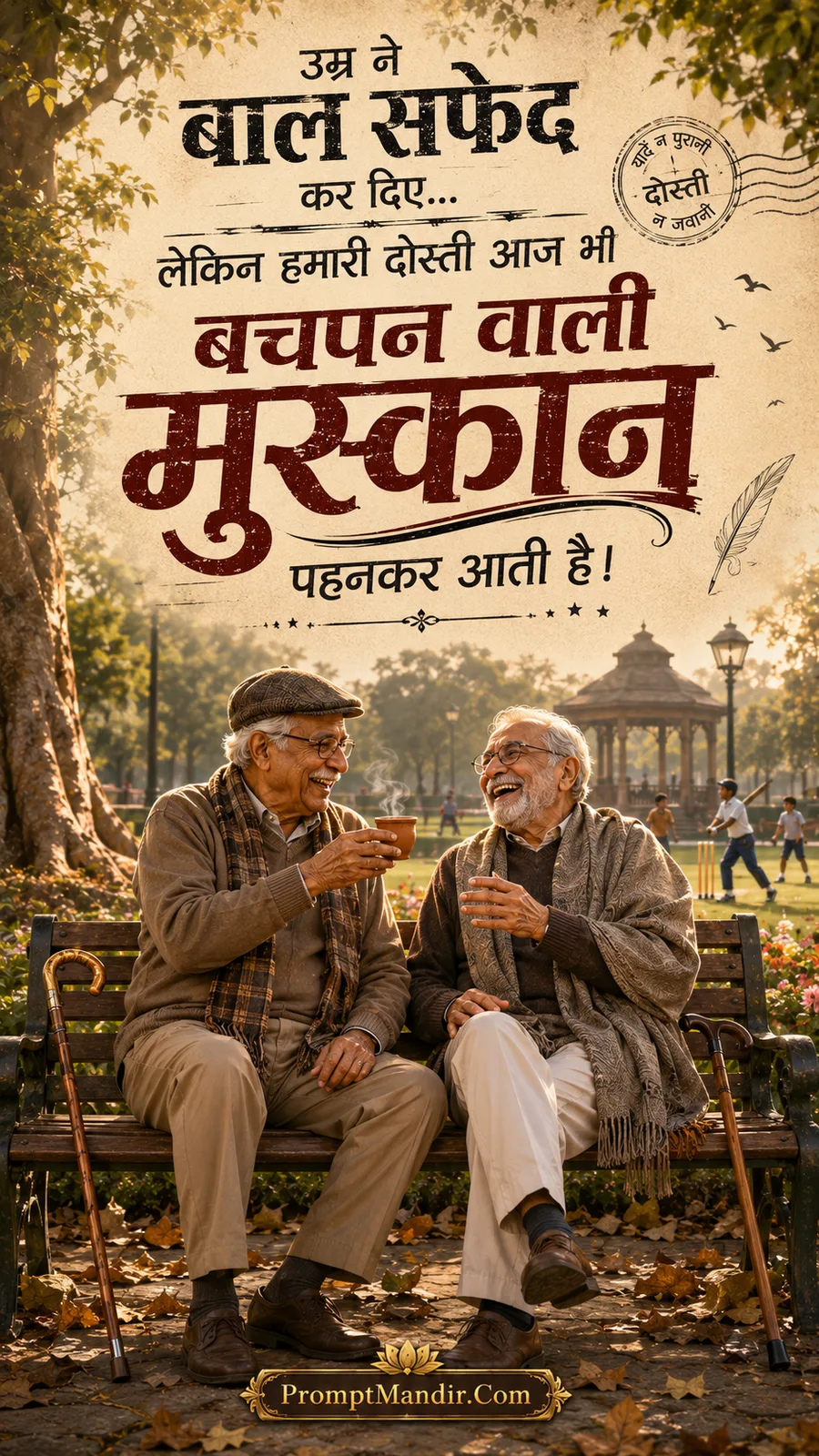 Two elderly best friends sitting on a park bench, laughing and drinking tea together in the autumn sunlight