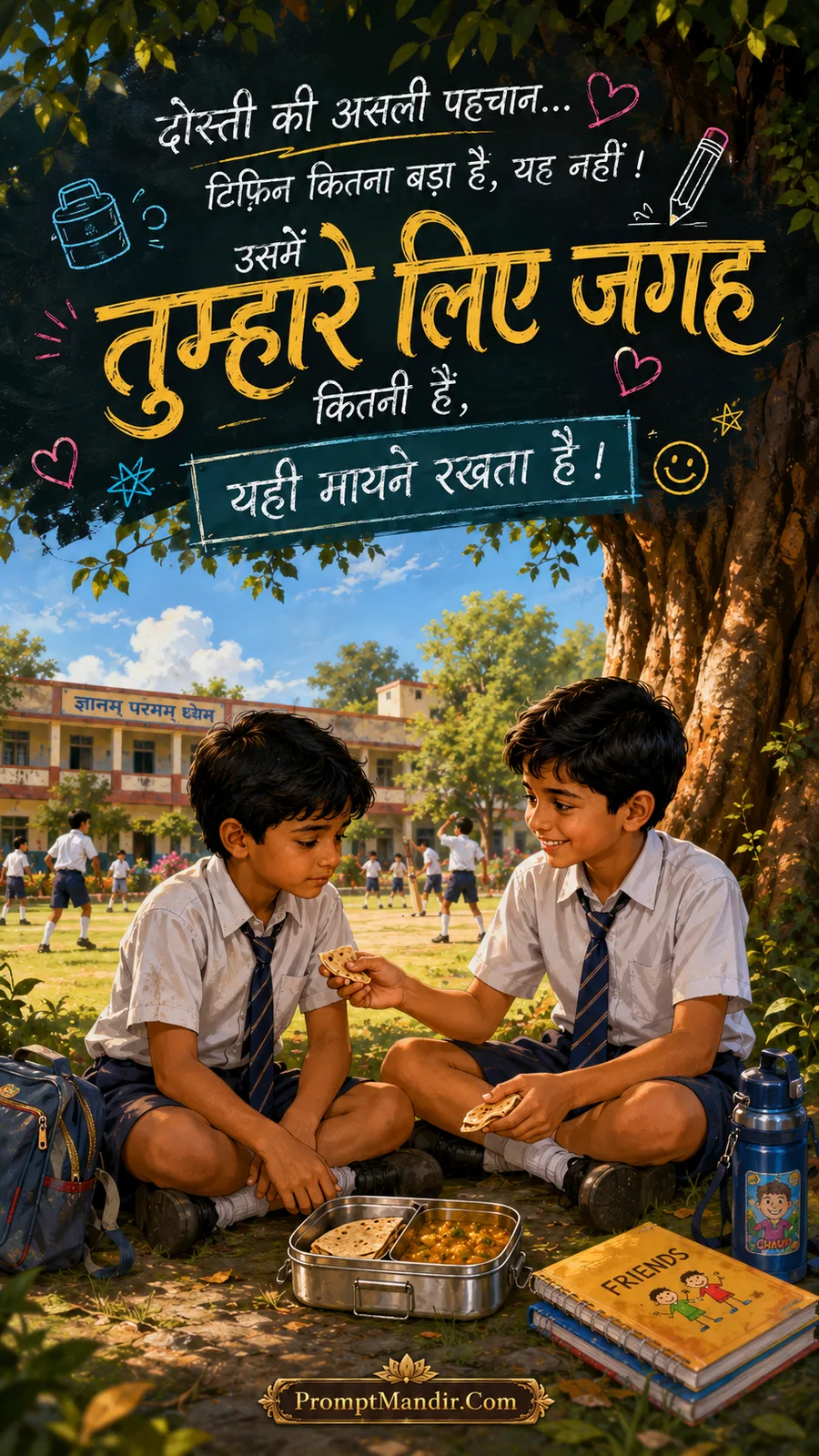 Two young school friends sitting under a tree in the playground, sharing their lunch tiffin with each other