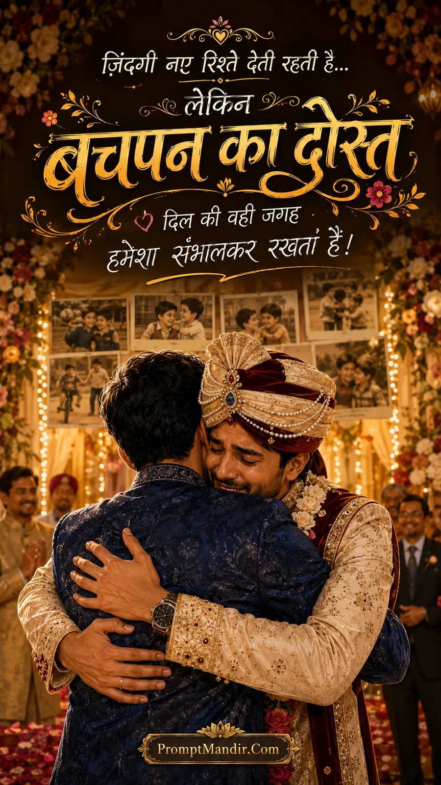 Two adult best friends hugging at a wedding venue, with a backdrop of nostalgic childhood photos, celebrating their lifelong bond
