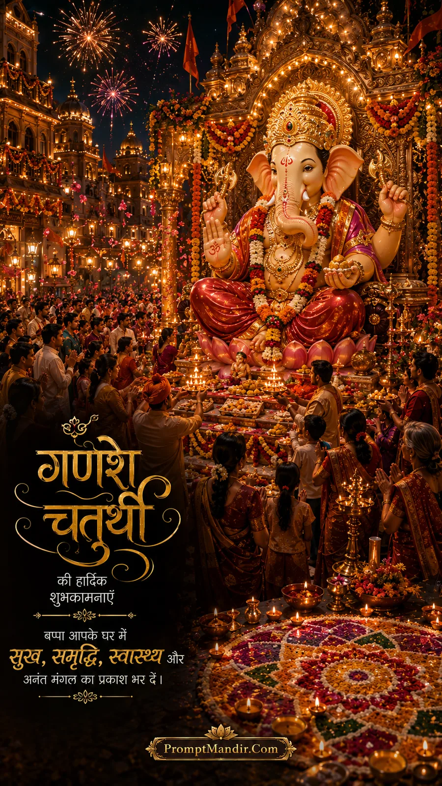 Grand Ganesh Chaturthi celebration with a massive idol of Lord Ganesha in a temple courtyard, surrounded by devotees offering prayers and fireworks in the sky