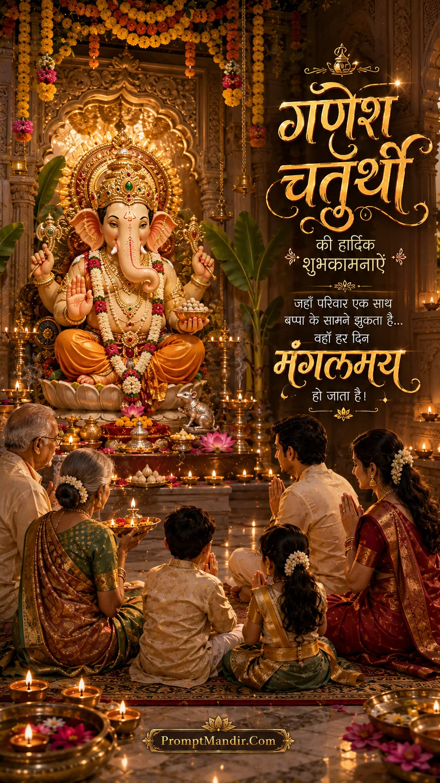 Family performing Ganesh Puja together at home, bowing before a beautifully decorated idol of Lord Ganesha
