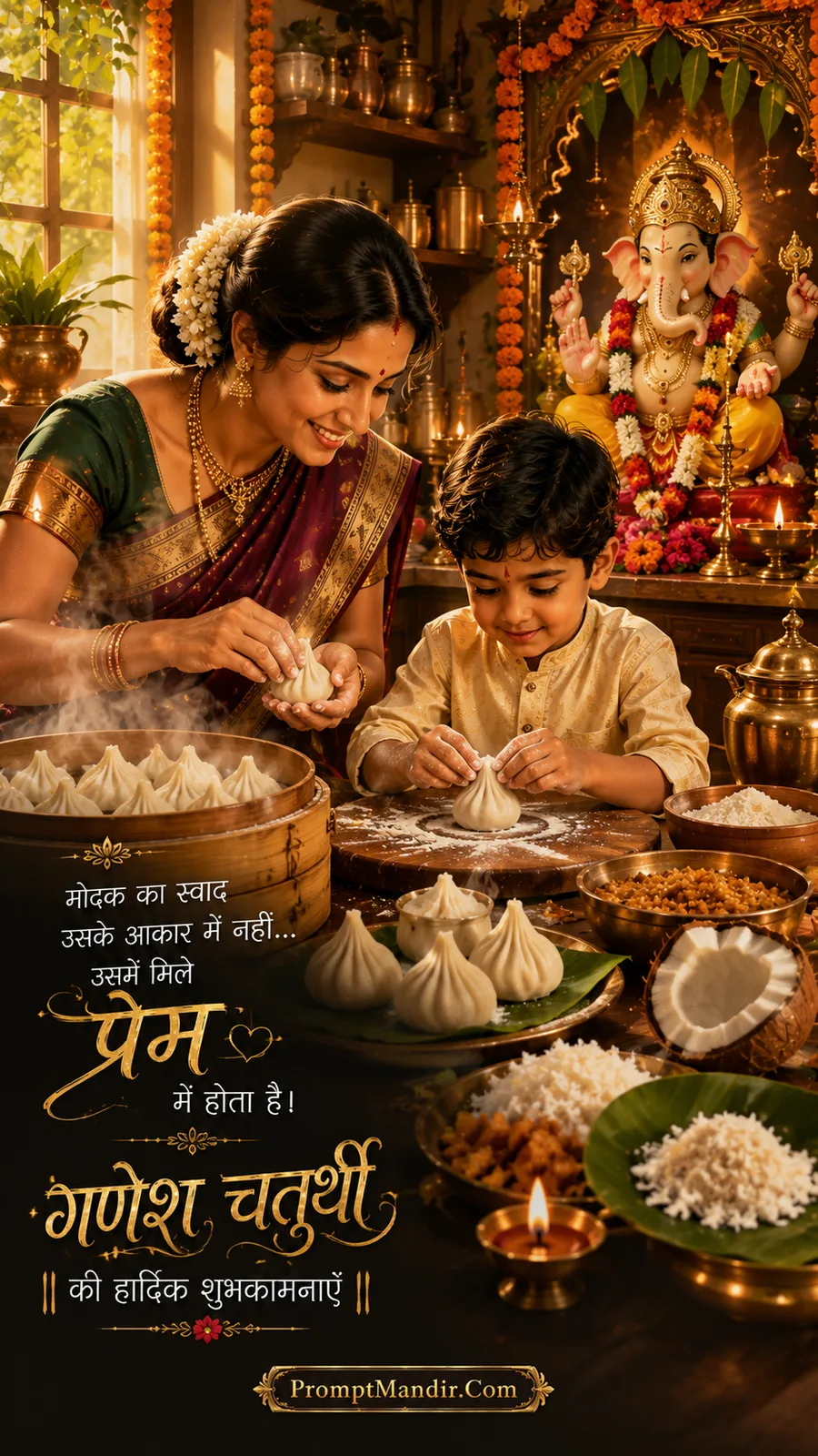 Mother and son making modaks (sweet dumplings) together in the kitchen, with a Lord Ganesha idol in the background