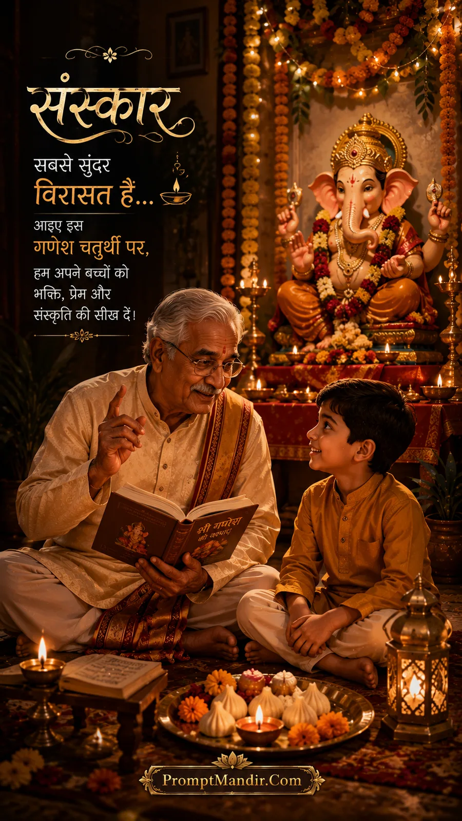 Grandfather teaching his grandson about the traditions of Ganesh Chaturthi using a holy book, with a Lord Ganesha idol nearby