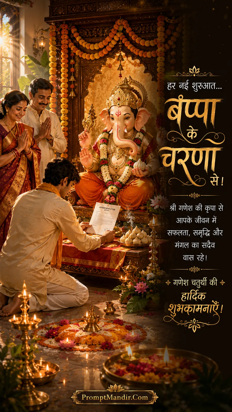 Young man placing his appointment letter at the feet of Lord Ganesha, seeking blessings for a new beginning, with his parents watching