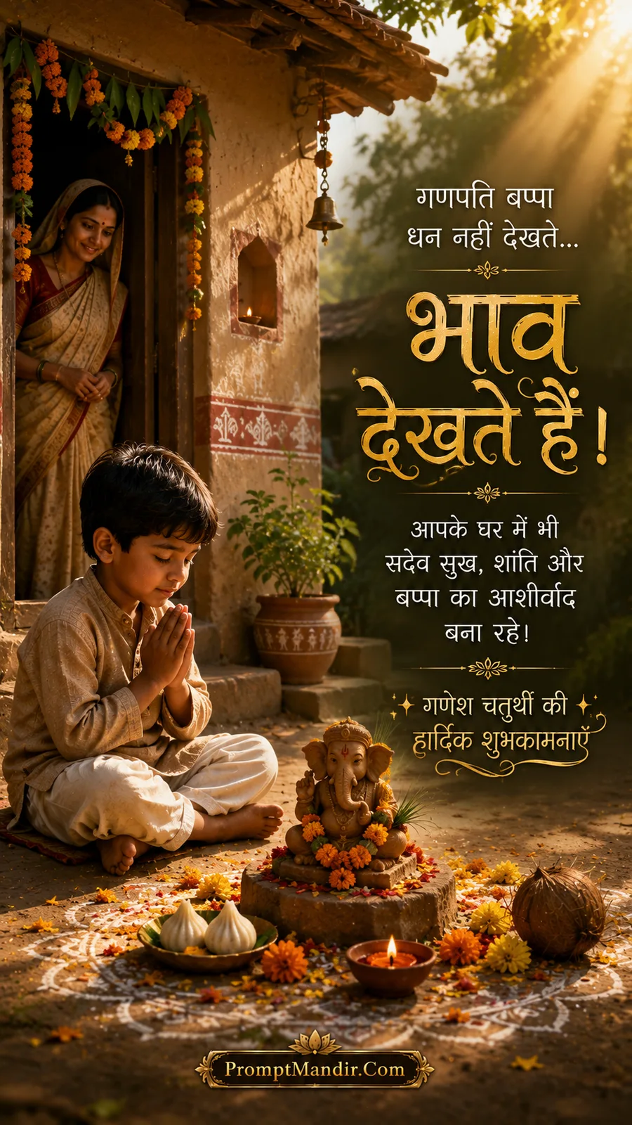 Simple and pure village scene of a little boy offering prayers to a small Ganesha idol on a stone platform