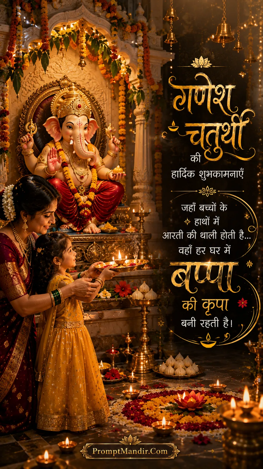 Mother and daughter performing the Aarti of Lord Ganesha together at home