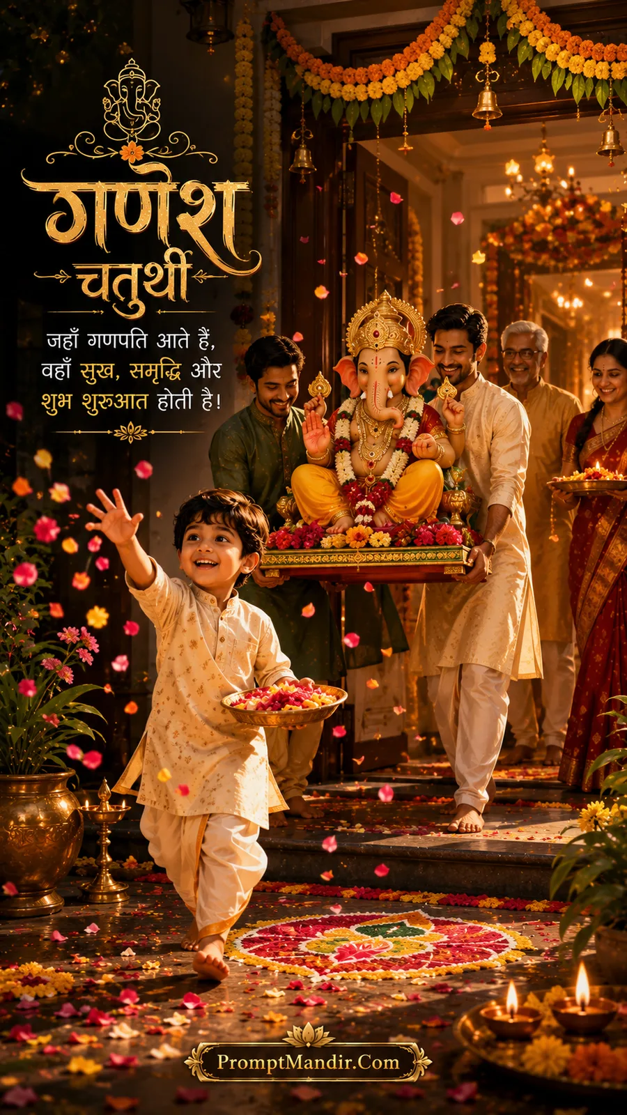 Joyful scene of a family welcoming Lord Ganesha's idol into their home, with a little boy throwing flower petals in celebration