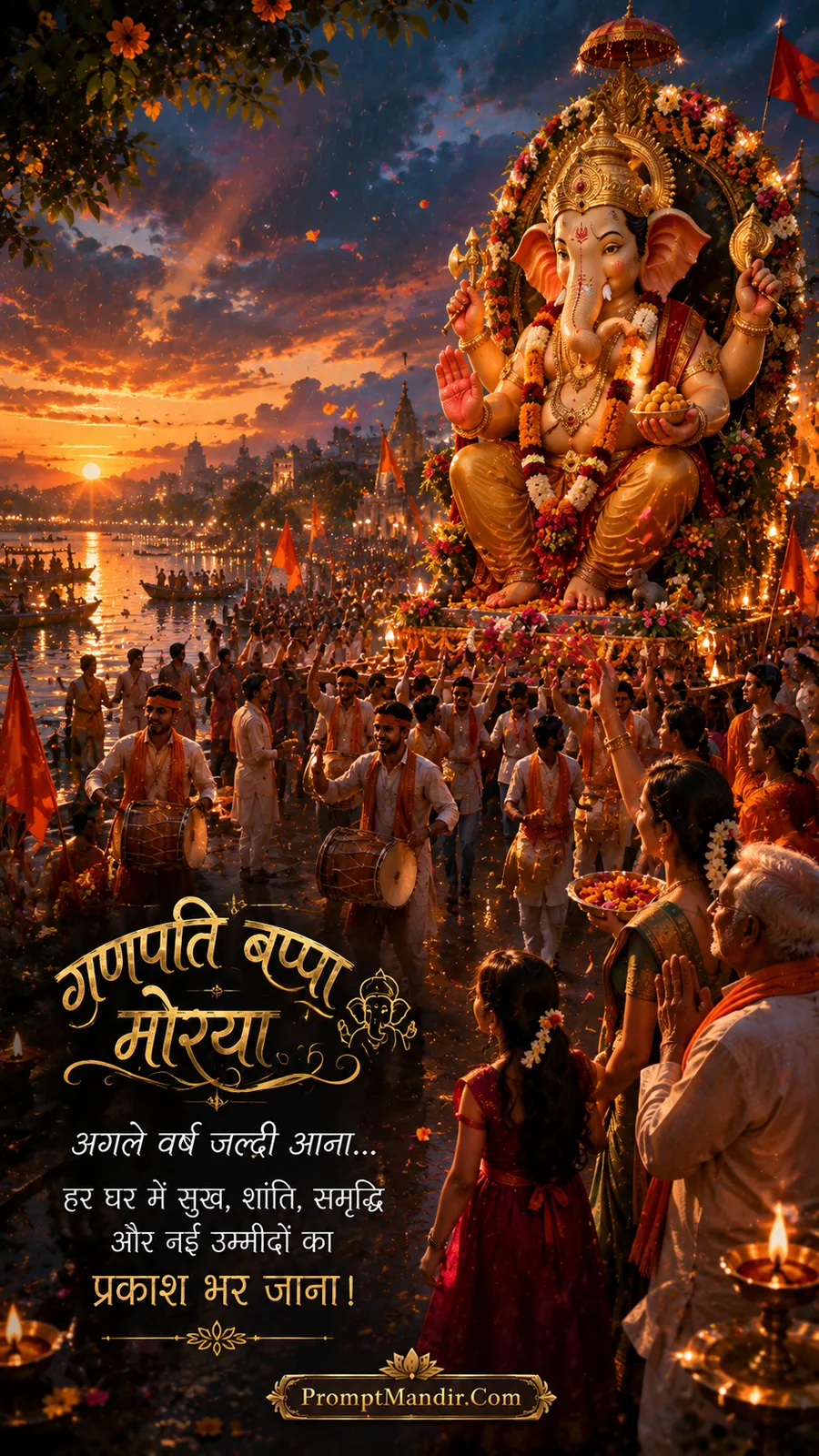 Grand Ganpati Visarjan procession by the river at sunset with devotees playing drums and dancing