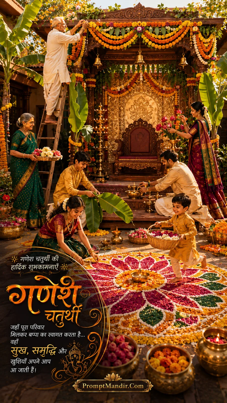 Family decorating the Ganesh Mandap with garlands and flowers, preparing for the festival together