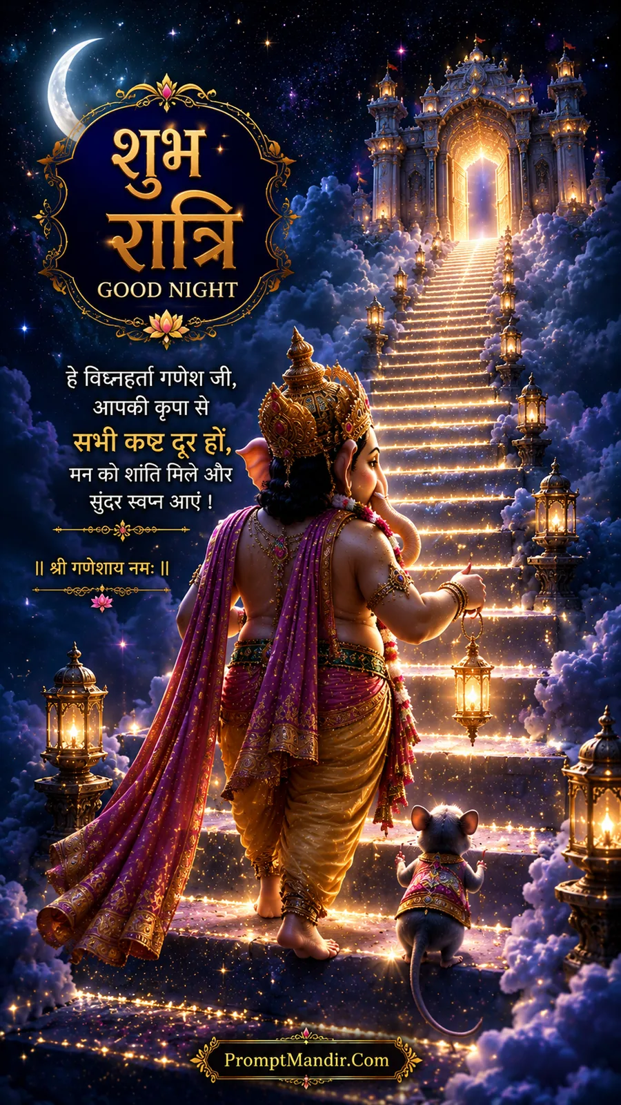 Ganesha walking up a golden staircase leading to a heavenly door in the clouds, with his mouse following behind
