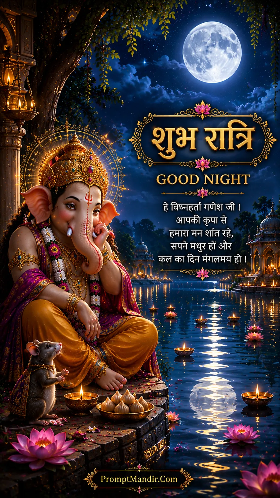 Lord Ganesha sitting by a moonlit lake with floating diyas and lotus flowers, holding a modak, with his mouse nearby
