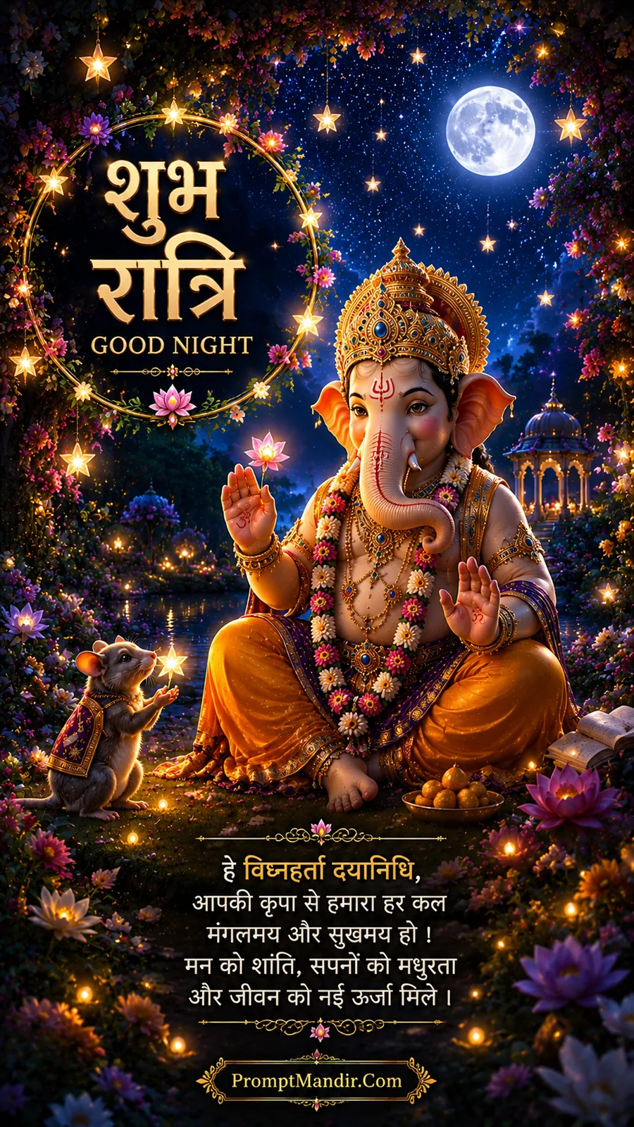 Lord Ganesha blessing with a lotus in one hand and a modak in the other, surrounded by a circular frame of stars and flowers under a full moon