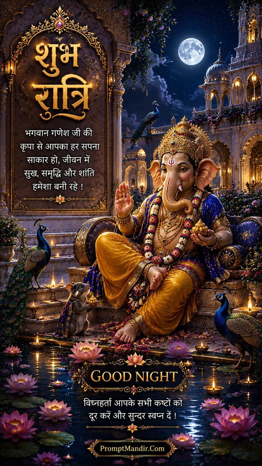 Lord Ganesha seated on a royal throne in a grand palace courtyard, blessing with a modak, surrounded by peacocks and lotus flowers