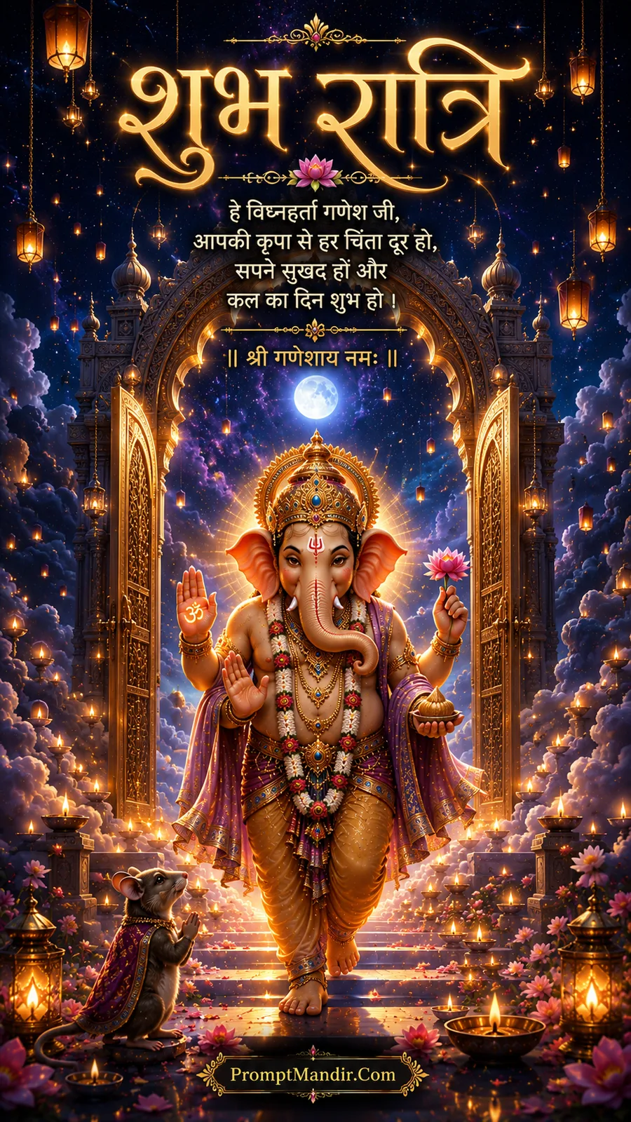 Lord Ganesha walking through a glowing golden archway under a full moon, blessing with a lotus, with his mouse nearby