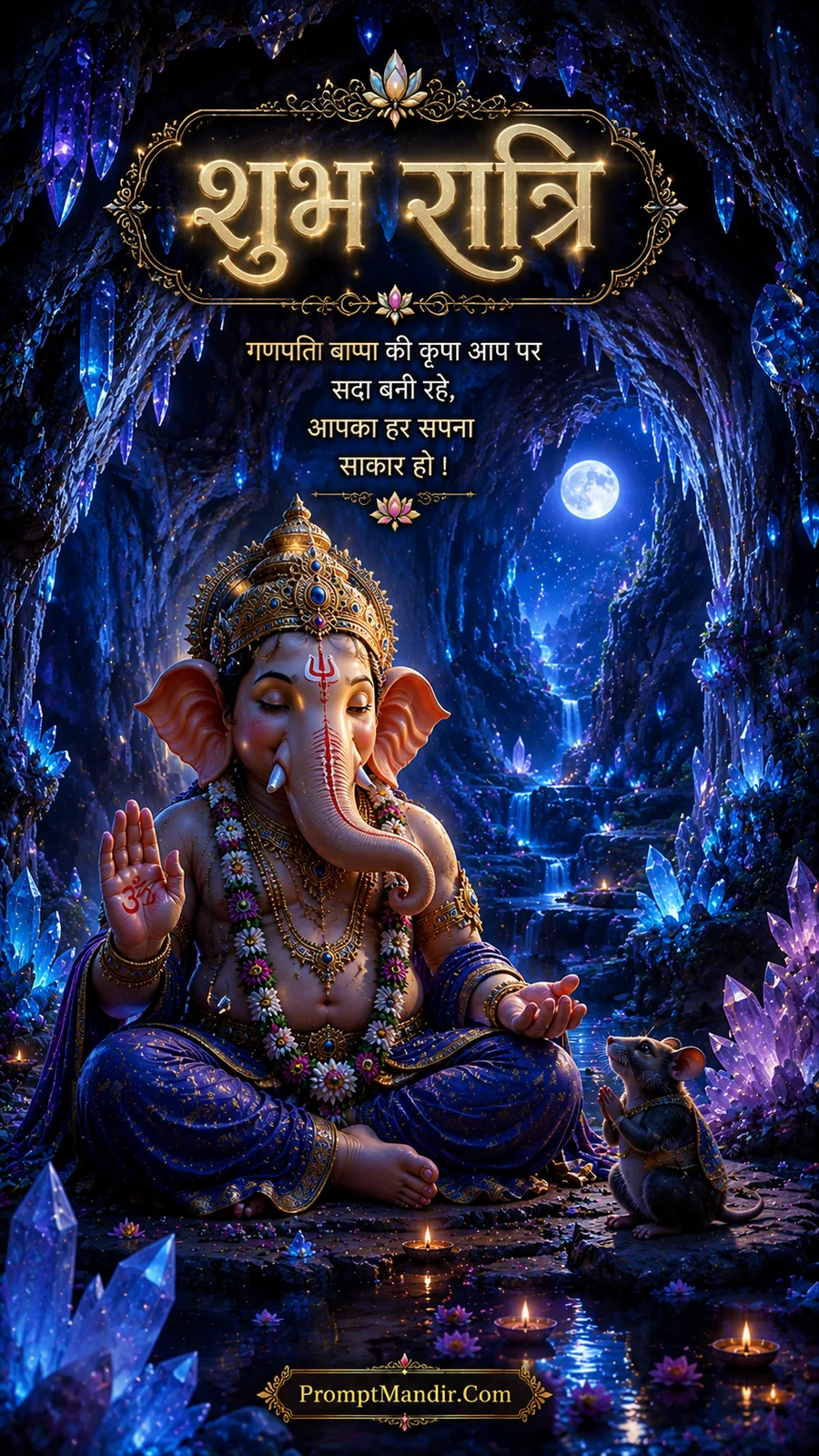 Lord Ganesha meditating in a frozen blue crystal cave under a full moon, with a waterfall and his mouse offering prayers