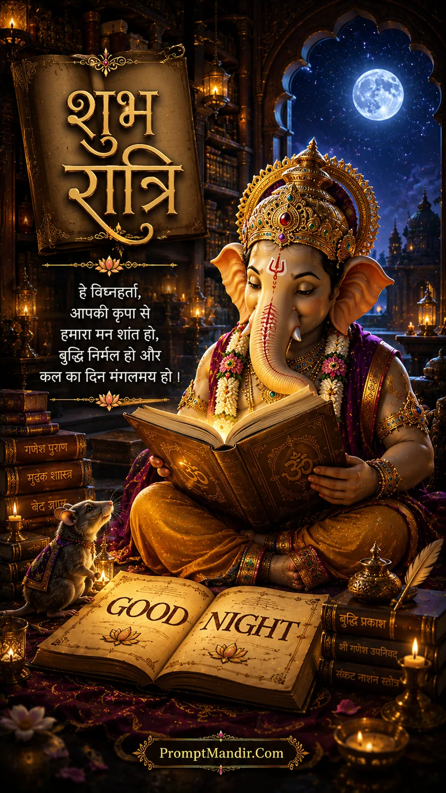 Lord Ganesha reading a large book in an ancient library under a full moon, with his mouse beside a stack of books