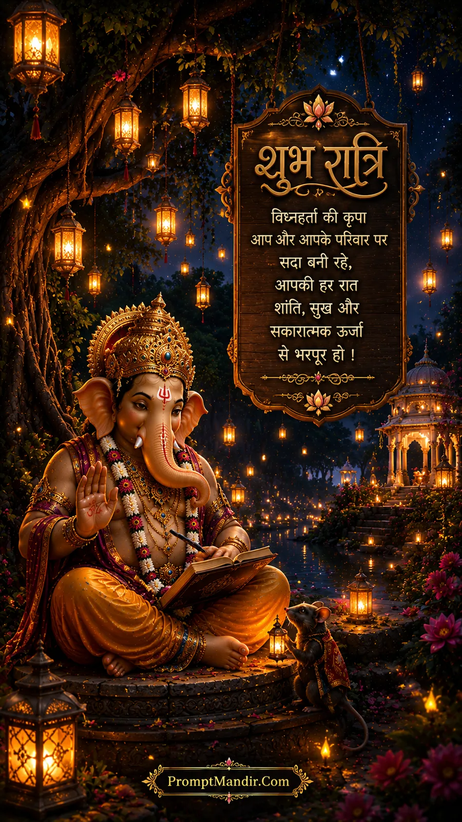 Lord Ganesha writing in a book under a tree with hanging lanterns, his mouse holding a lamp, by a moonlit lake