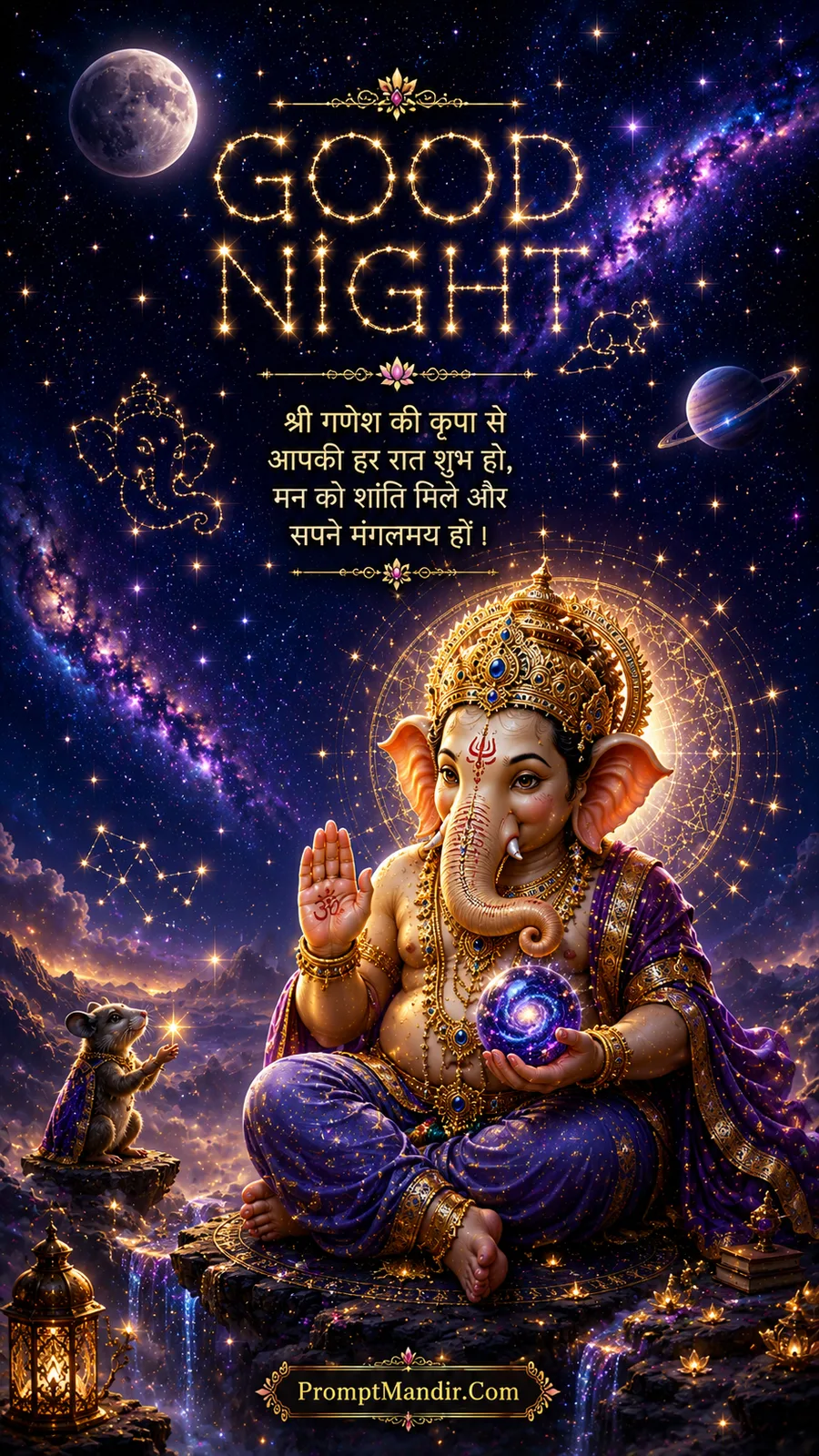 Lord Ganesha holding a glowing galaxy in his hand, sitting in a cosmic setting with planets and stars, his mouse looking at a star