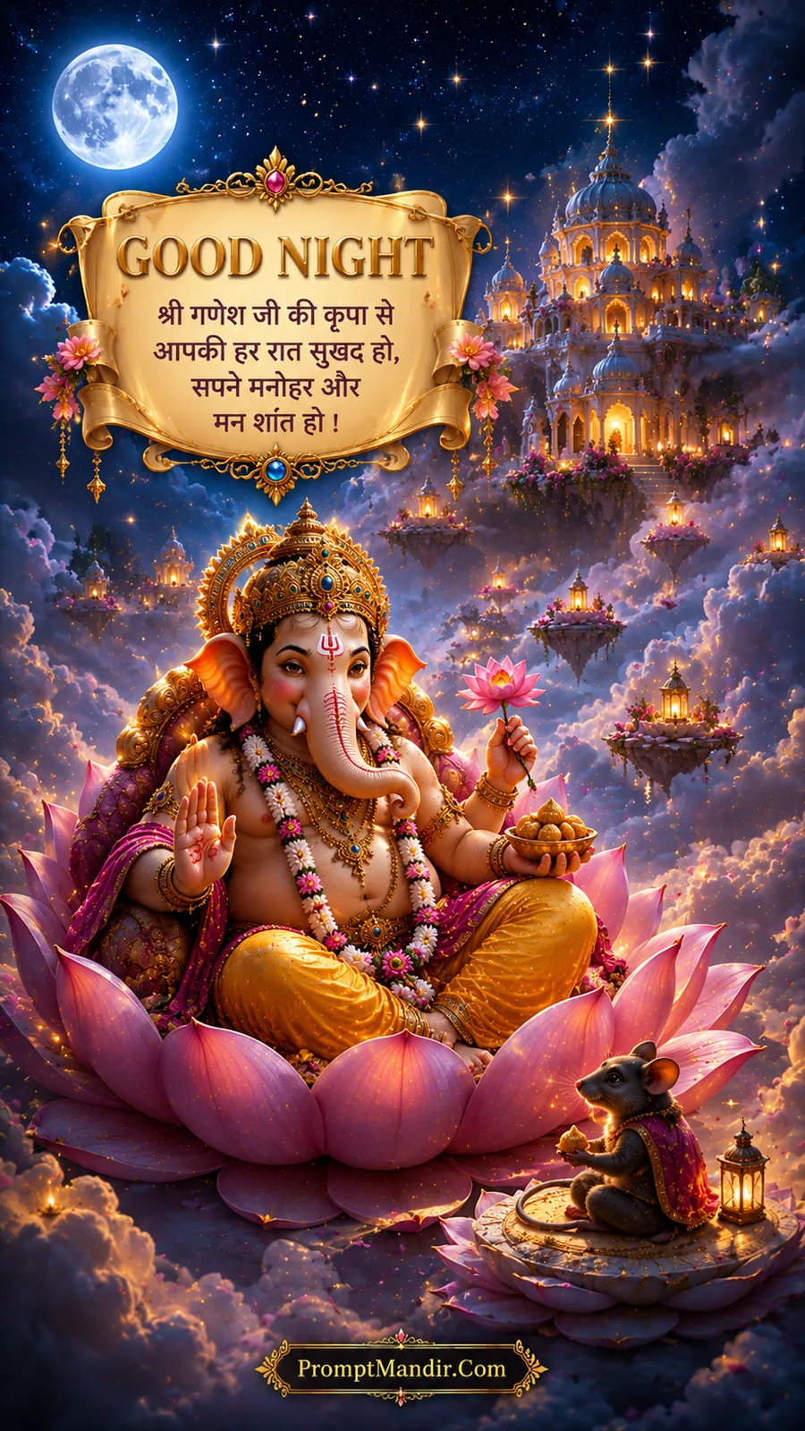 Lord Ganesha seated on a giant pink lotus in a celestial sky, surrounded by floating palaces and clouds, with his mouse on a lotus