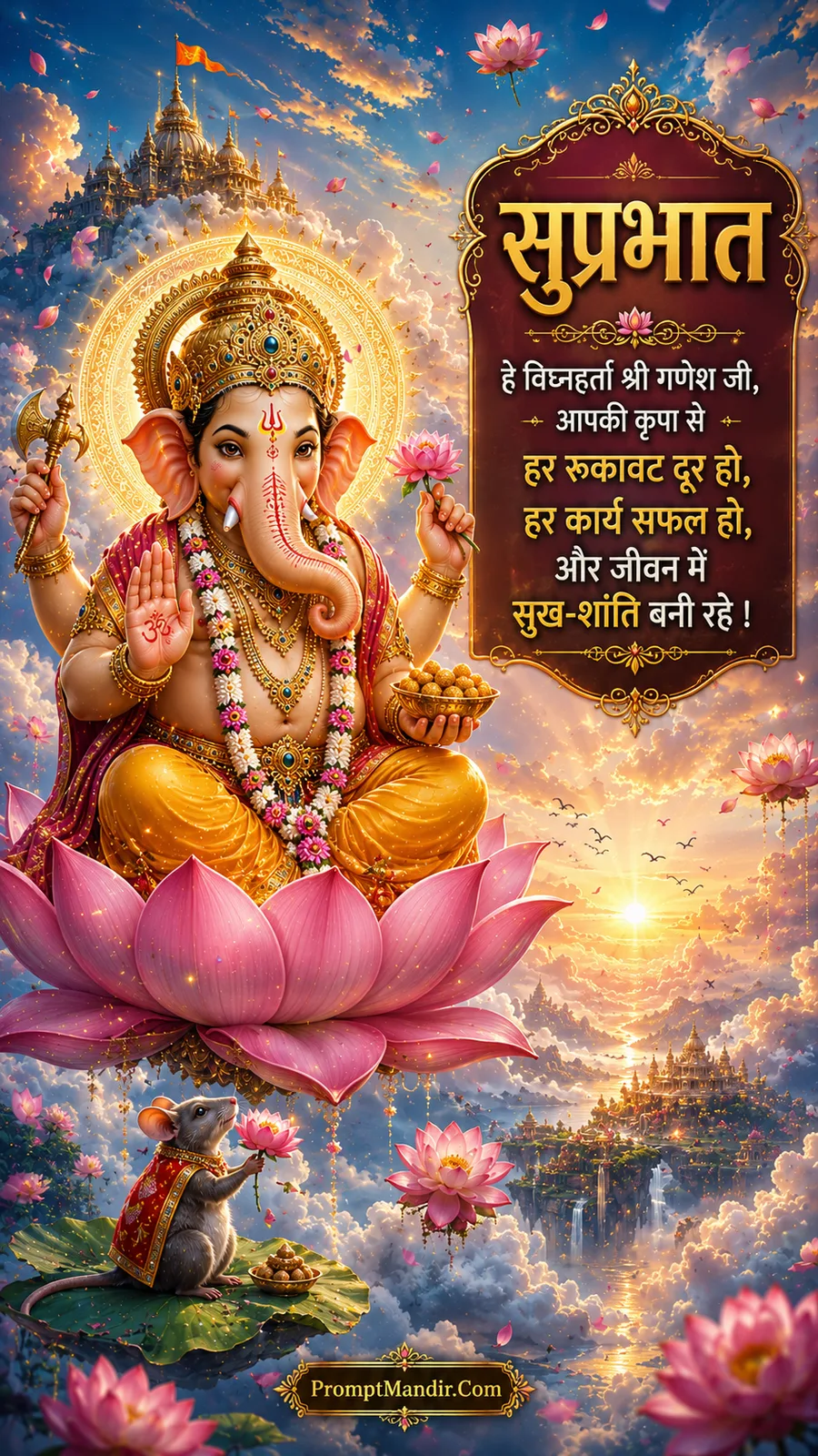Lord Ganesha seated on a giant pink lotus in a celestial golden sky, blessing with his right hand, with his mouse offering a lotus