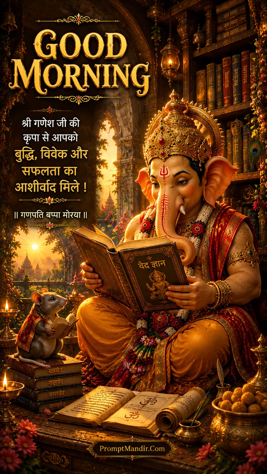 Lord Ganesha reading the 'Dev Gyan' book in a grand library with a mouse, symbolizing wisdom and knowledge