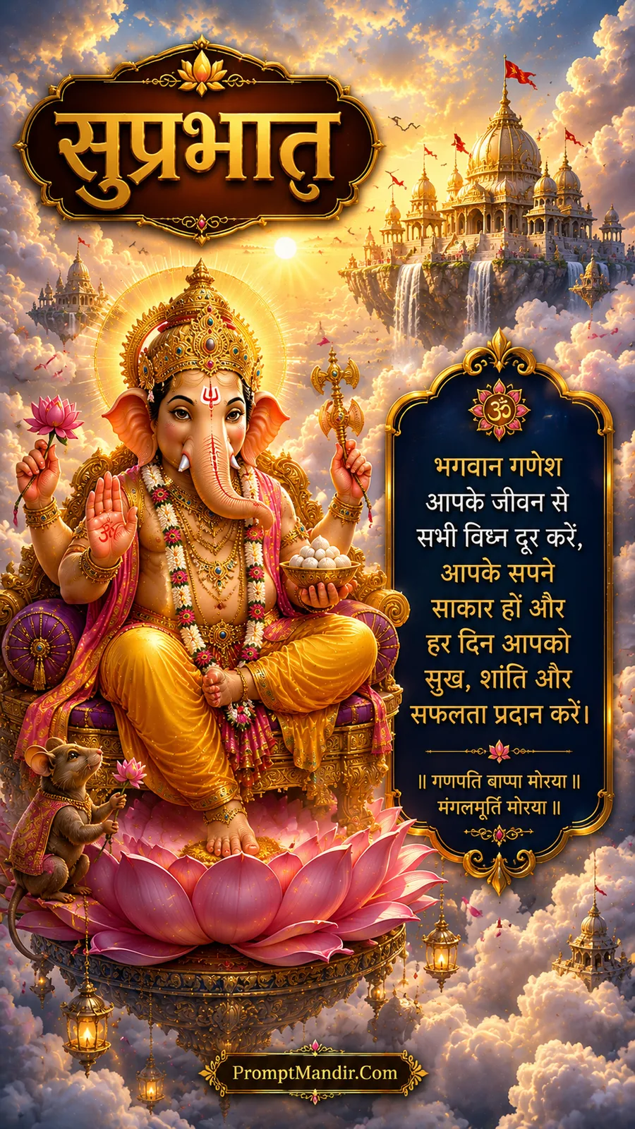 Lord Ganesha seated on a golden throne with a pink lotus and a mouse, in a heavenly palace with floating temples