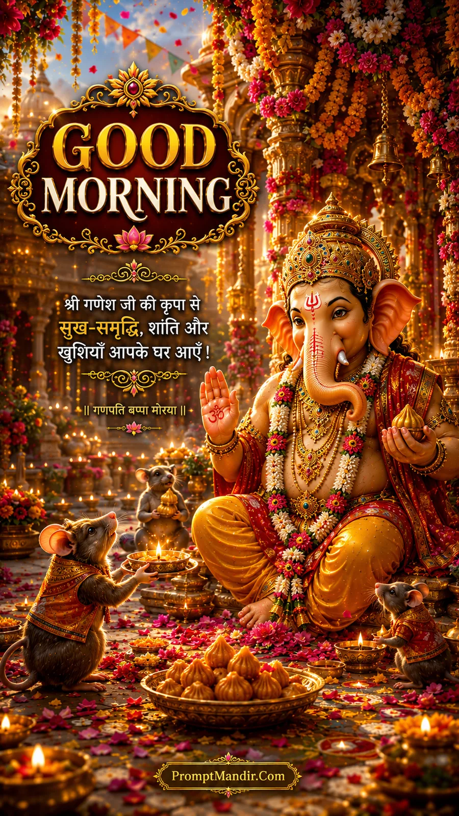 Lord Ganesha blessing from the steps of a temple at sunrise, with his mouse holding a diya