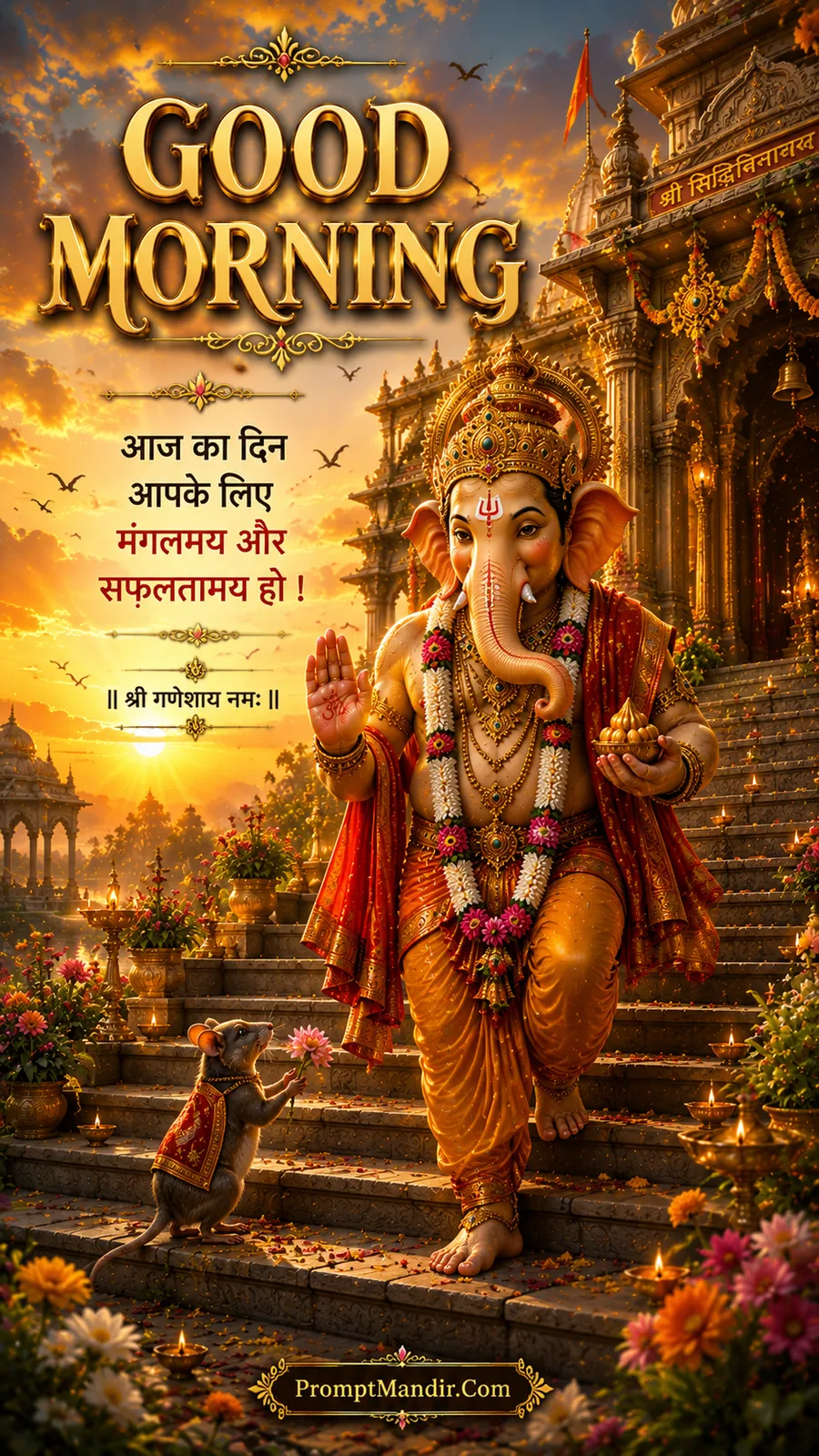 Lord Ganesha sitting on the ground with children, sharing laddoos, with his mouse nearby, in a golden village setting