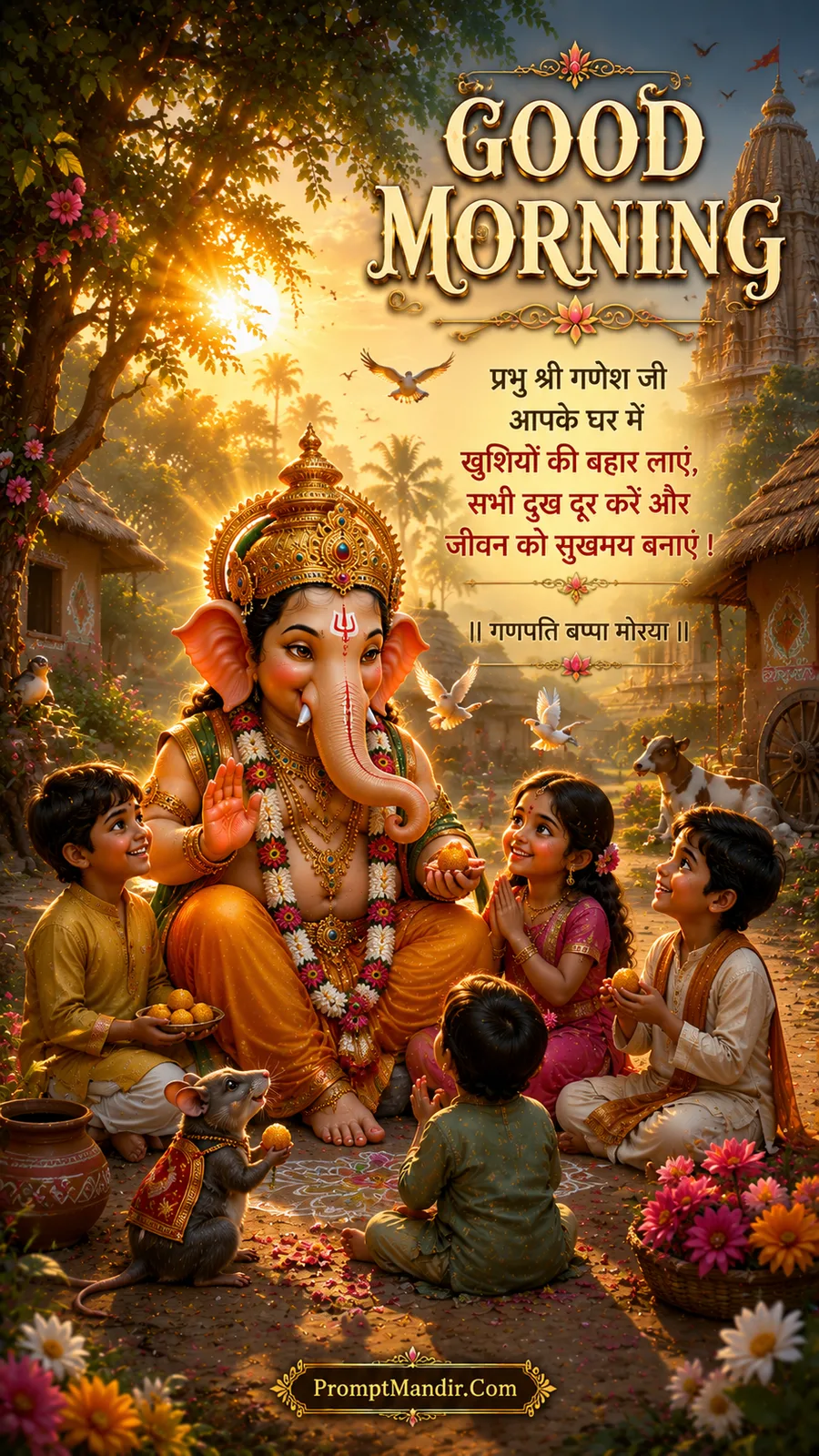 Lord Ganesha meditating in a glowing crystal cave with his eyes closed, his mouse also meditating, with a Good Morning message