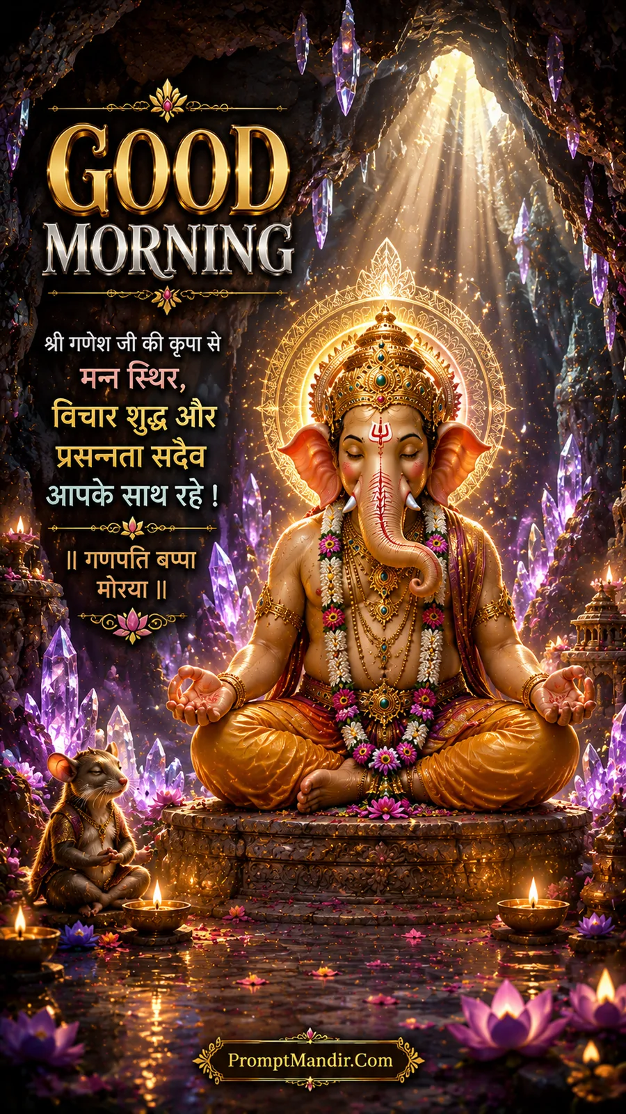 Lord Ganesha seated in a lush garden with peacocks, butterflies, and a lotus pond, with a Good Morning message