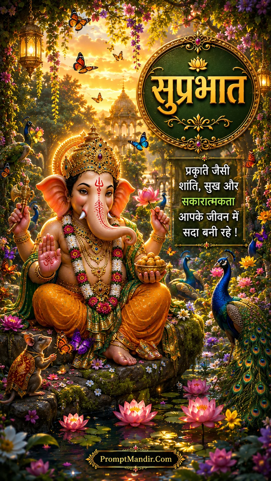 Lord Ganesha floating in the cosmos with a galaxy background, blessing devotees below, with a Good Morning message
