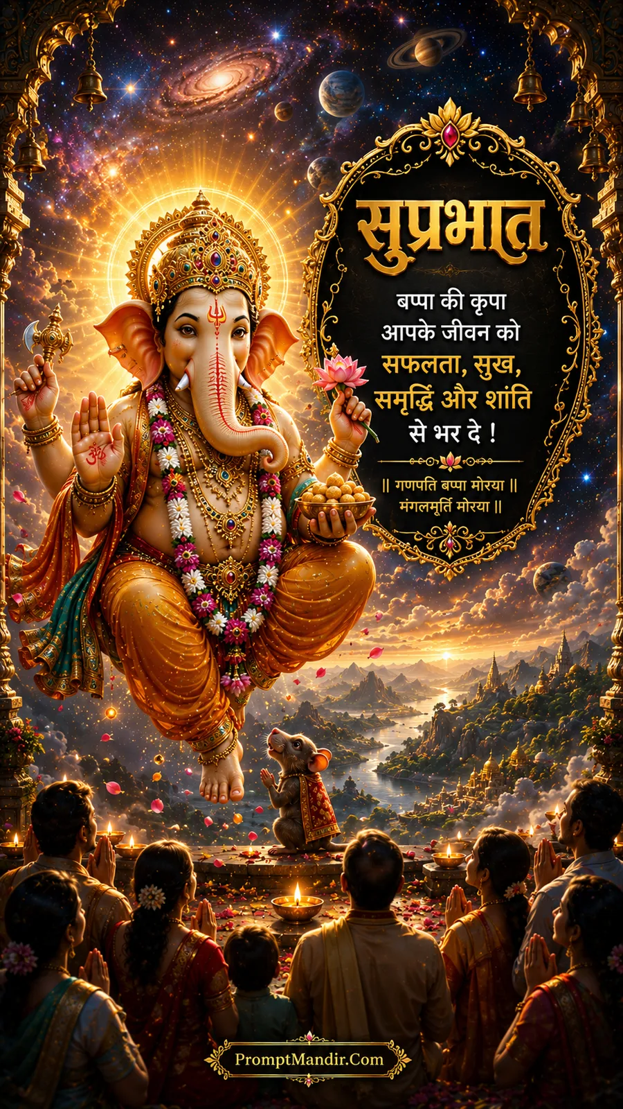 Lord Ganesha seated on a pink lotus in a lake at sunrise, blessing with his hand, with his mouse offering a lotus
